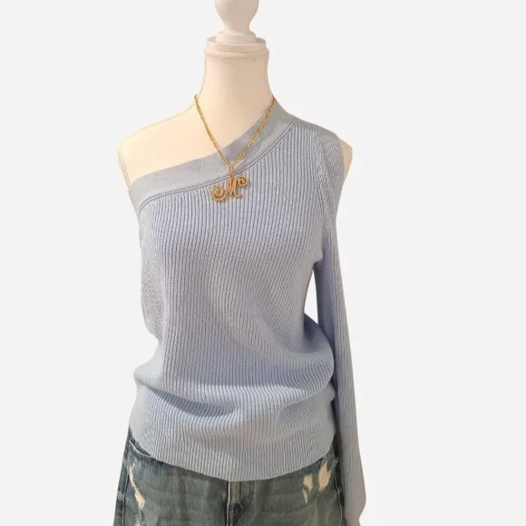 NWT Nine West Light Blue One Shoulder Sexy Sweater Christmas Holiday Gift Y2K - Picture 8 of 8
